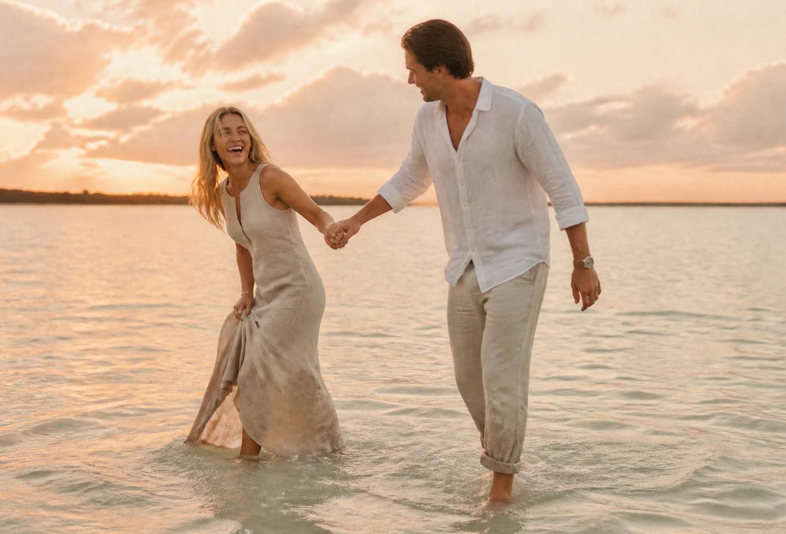 Engaged couple walking a quiet Bahamian shoreline at dusk