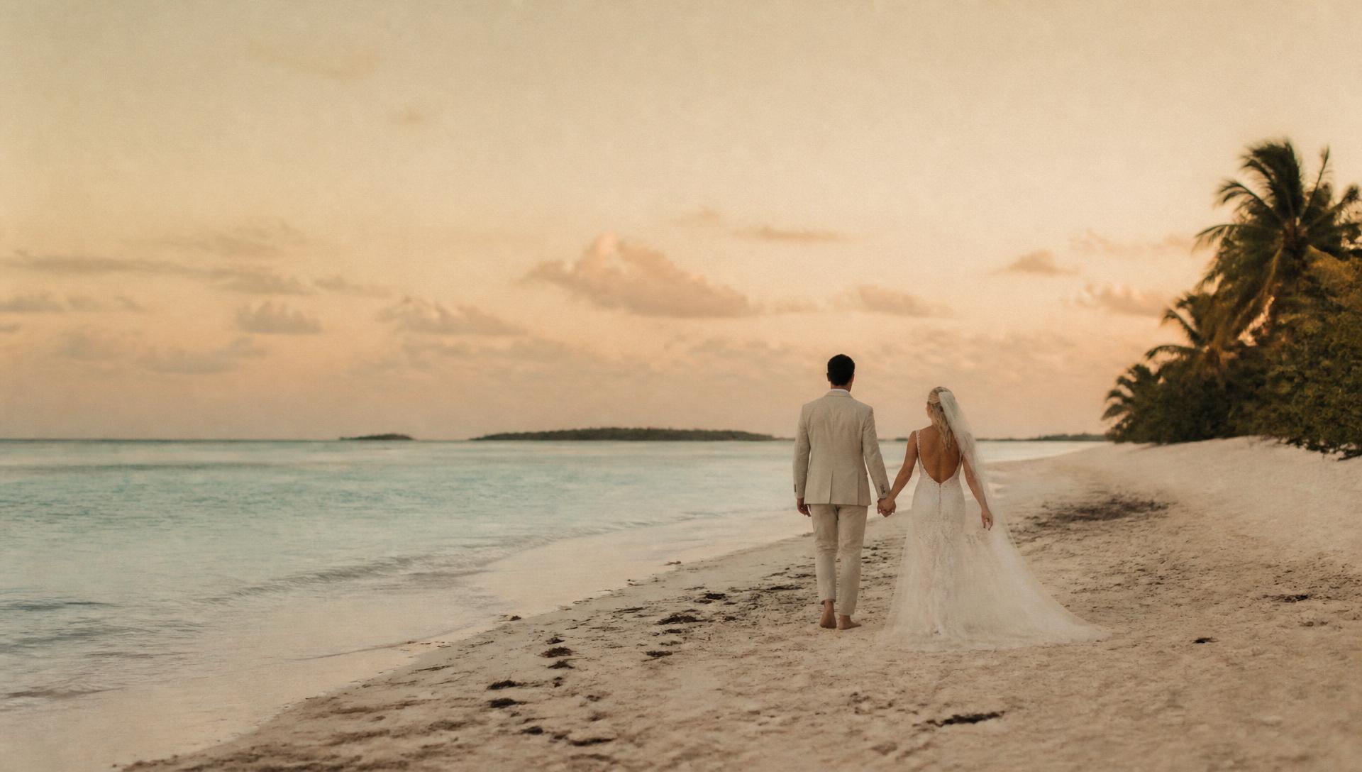 Bride and groom on a Bahamas beach at sunset, filmed by Green Tree Productions